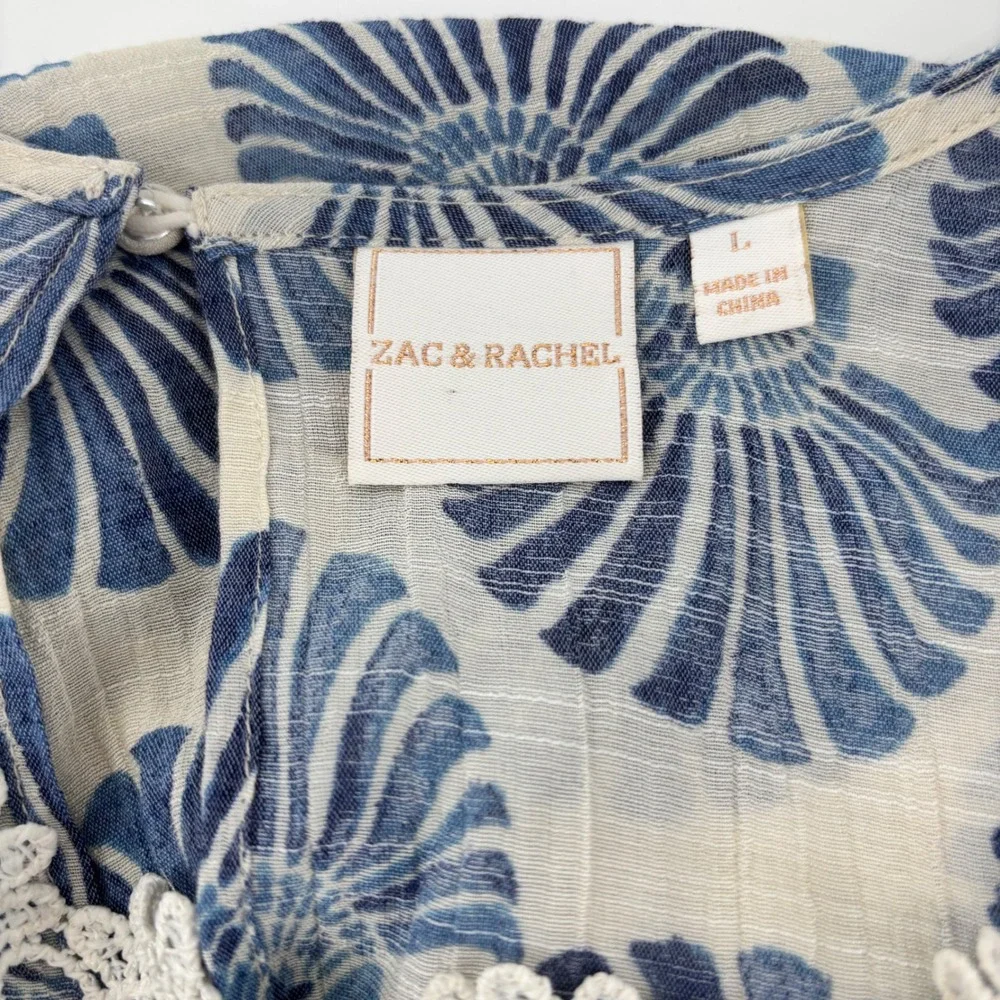 Zac‎ & Rachel Blue Shell Print Crochet Lace Square Neck Balloon Sleeve Blouse L